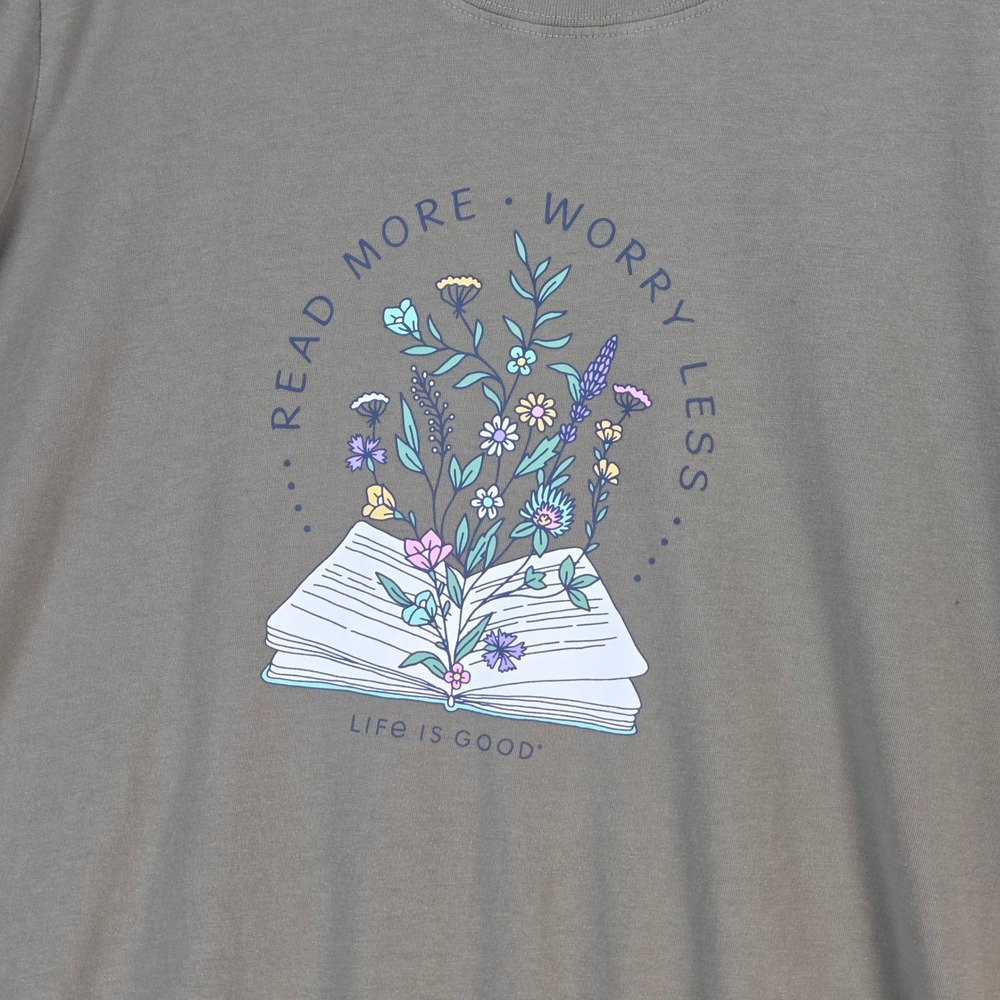 Life Is Good Read More Worry Less Graphic Tee Womens XL Olive Green Cotton - Picture 5 of 11